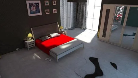 Modern bedroom interior with a red bedspread, framed wall art, and natural .. Stock Illustration