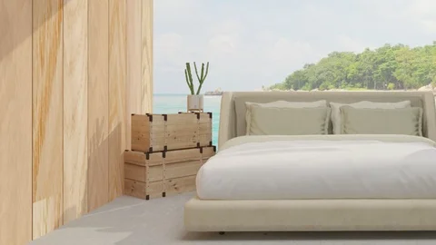 Modern bedroom interior with sea view Stock Footage 89989495