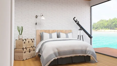 Modern bedroom interior with sea view Stock Footage 89990684