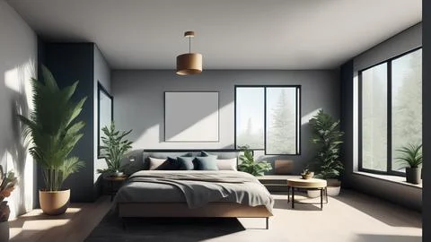 Modern bedroom interior with simple design bed and poster template. Home deco Stock Illustration