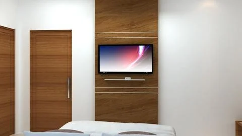 Modern Bedroom Interior With Wall-Mounted TV On Wood Panel Stock Illustration