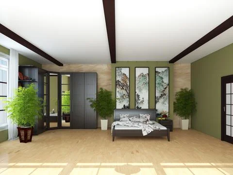 Modern Bedroom Interior whith Light Parquet and a Brown Wooden Bed Stock Illustration