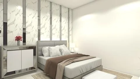 Modern Bedroom with Marble Wall Background and Side Table Cabinet Stock Illustration
