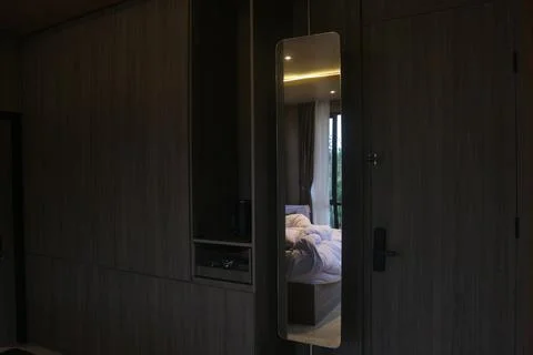 Modern Bedroom Reflection: A Tranquil Interior Design Stock Photos