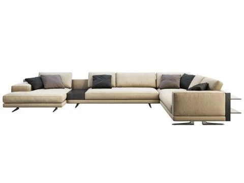 Modern beige fabric corner sofa with pillows and coffee table. 3d render Stock Illustration
