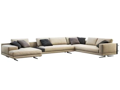 Modern beige fabric corner sofa with pillows and coffee table. 3d render Stock Illustration