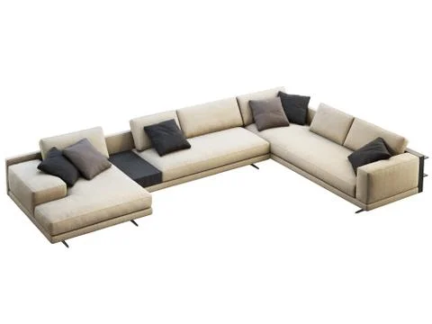 Modern beige fabric corner sofa with pillows and coffee table. 3d render Stock Illustration