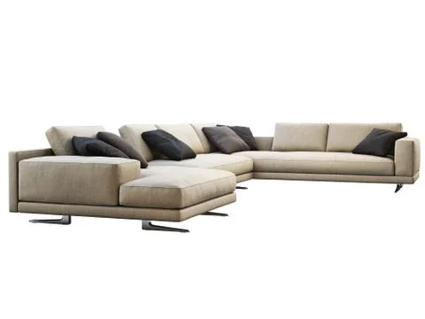 Modern beige fabric corner sofa with pillows and coffee table. 3d render Stock Illustration