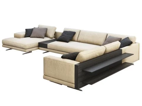 Modern beige fabric corner sofa with pillows and coffee table. 3d render Stock Illustration