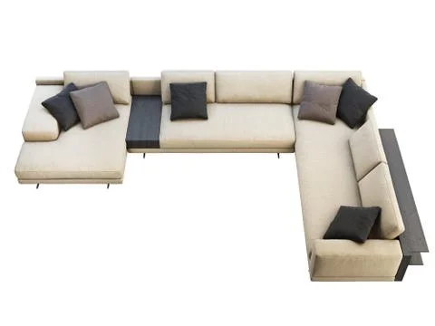 Modern beige fabric corner sofa with pillows and coffee table. 3d render Stock Illustration