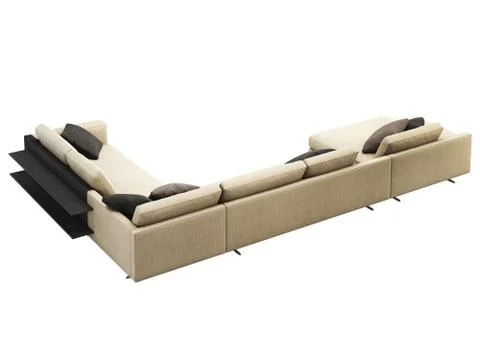 Modern beige fabric corner sofa with pillows and coffee table. 3d render Stock Illustration