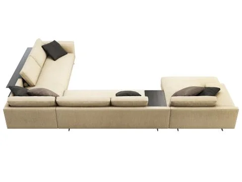 Modern beige fabric corner sofa with pillows and coffee table. 3d render Stock Illustration