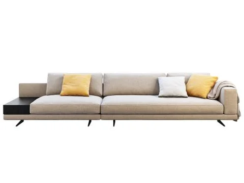 Modern beige fabric modular sofa with pillows and coffee table. 3d render Stock Illustration
