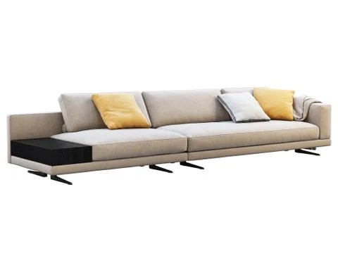 Modern beige fabric modular sofa with pillows and coffee table. 3d render Stock Illustration