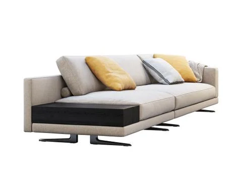 Modern beige fabric modular sofa with pillows and coffee table. 3d render Stock Illustration