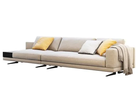 Modern beige fabric modular sofa with pillows and coffee table. 3d render Stock Illustration