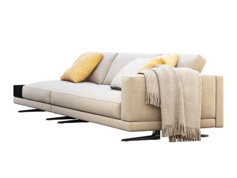 Modern beige fabric modular sofa with pillows and coffee table. 3d render Stock Illustration