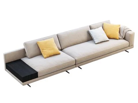 Modern beige fabric modular sofa with pillows and coffee table. 3d render Stock Illustration
