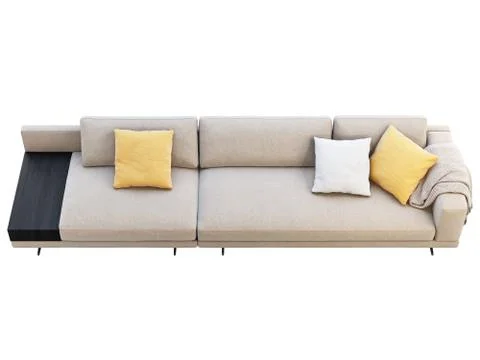 Modern beige fabric modular sofa with pillows and coffee table. 3d render Stock Illustration