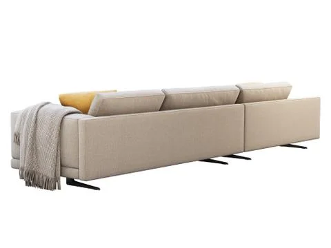 Modern beige fabric modular sofa with pillows and coffee table. 3d render Stock Illustration