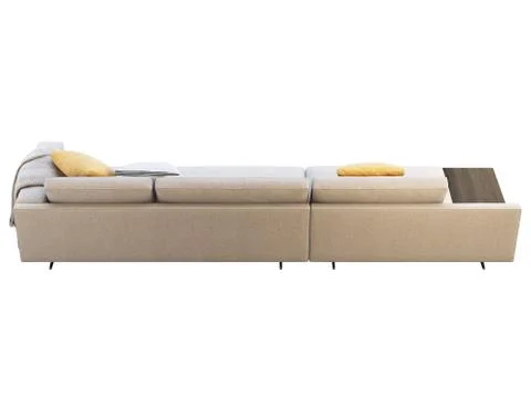 Modern beige fabric modular sofa with pillows and coffee table. 3d render Stock Illustration