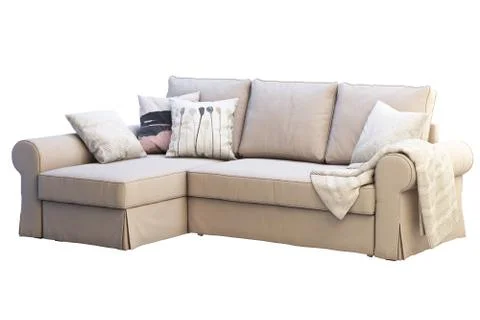 Modern beige fabric sofa with colored pillows. 3d render Stock Illustration