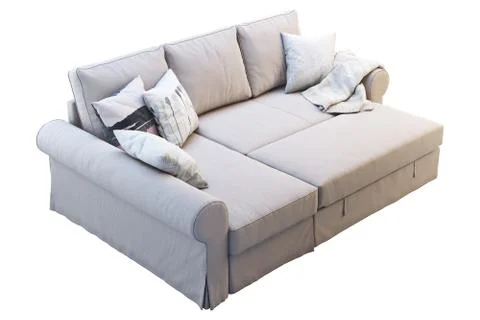 Modern beige fabric sofa with colored pillows. 3d render Stock Illustration