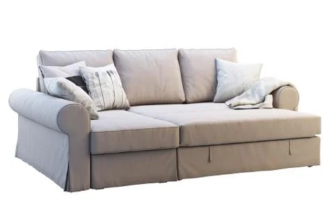 Modern beige fabric sofa with colored pillows. 3d render Stock Illustration