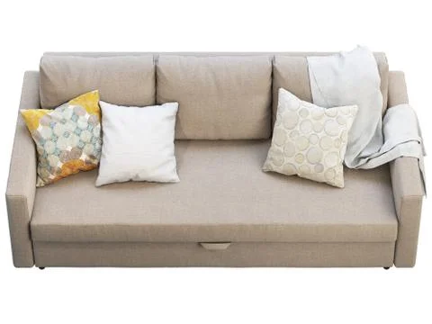 Modern beige fabric sofa with pillows and throw. 3d render Stock Illustration
