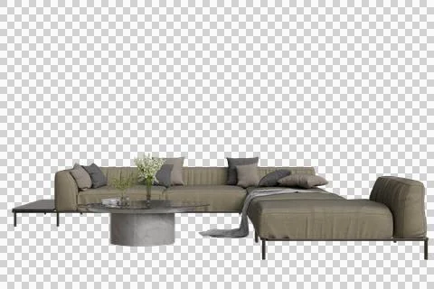 Modern beige L-shaped sectional sofa with plush cushions, accent pillows Stock Illustration