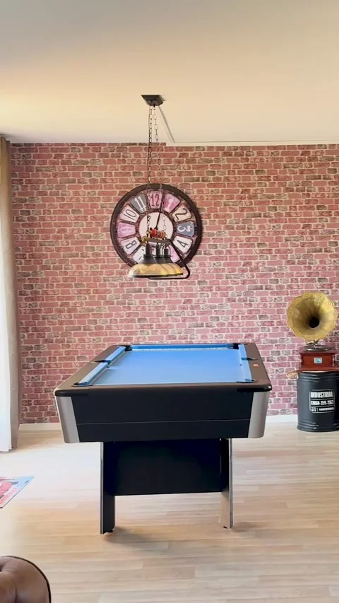 Modern Billiard Table in Stylish Loft with Exposed Brick Wall Stock Footage 327346661