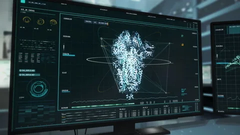 Modern Biomedical Software. Covid 19 Spike Protein Structure. Scientific Data.UI Vídeo Stock 147811109