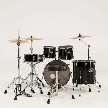 Modern black acoustic drum kit with chrome hardware and cymbals on a white .. Stock Illustration