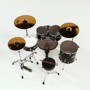 Modern black acoustic drum kit with chrome hardware and cymbals on a white .. Stock Illustration