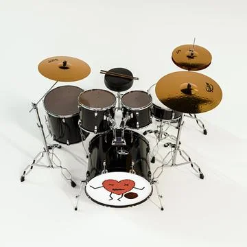 Modern black acoustic drum kit with chrome hardware and cymbals on a white .. Stock Illustration