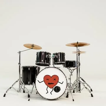 Modern black acoustic drum kit with chrome hardware and cymbals on a white .. Stock Illustration