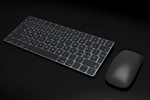 Modern black aluminum computer keyboard and mouse isolated on black background. Stock Illustration