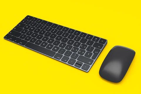 Modern black aluminum computer keyboard and mouse isolated on yellow backgrou Stock Illustration