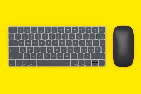 Modern black aluminum computer keyboard and mouse isolated on yellow backgrou Stock Illustration