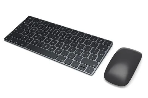 Modern black aluminum computer keyboard and mouse isolated on white backgroun Stock Illustration