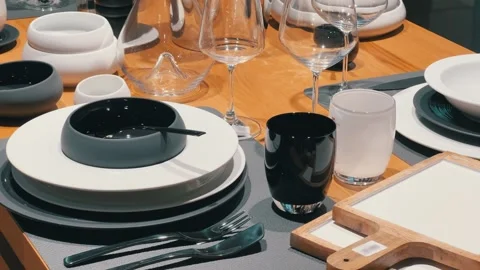 Modern Black and White Dinnerware Set Display | Contemporary Kitchen Design Stock Footage 316106290