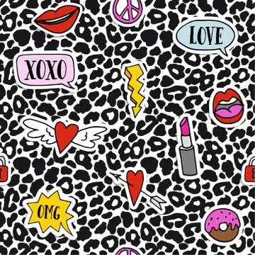 Modern black and white leopard seamless pattern with colorful hand drawn patches Ilustración de archivo