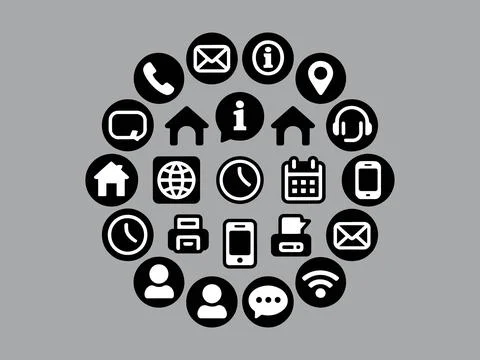 Modern Black Circle Communication &amp; UI Icon Set  Solid Glyph Symbols Stock Illustration