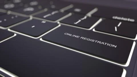 Modern black computer keyboard and luminous online registration key. 3D Illustrazione stock