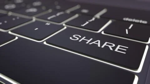 Modern black computer keyboard and luminous share key. 3D rendering Illustrazione stock
