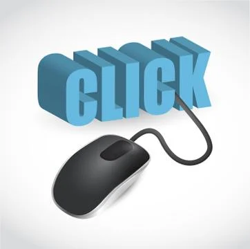 Modern black computer mouse connected to the blue word click illustration 스톡 일러스트