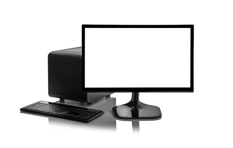 A modern black desktop computer setup isolated on a white background with a 스톡 사진