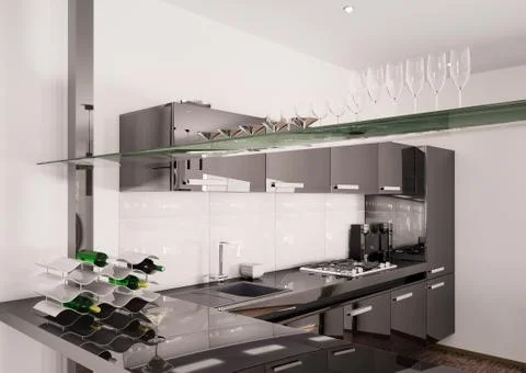 Modern black kitchen interior 3d render Stock Illustration