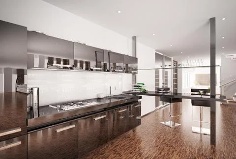 Modern black kitchen interior 3d render Stock Illustration