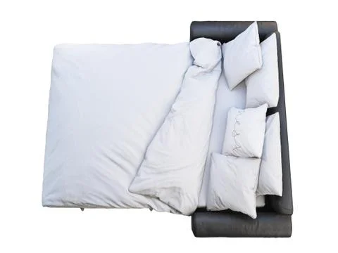Modern black leather sofa-bed with bed linen and plaid. 3d render Stock Illustration